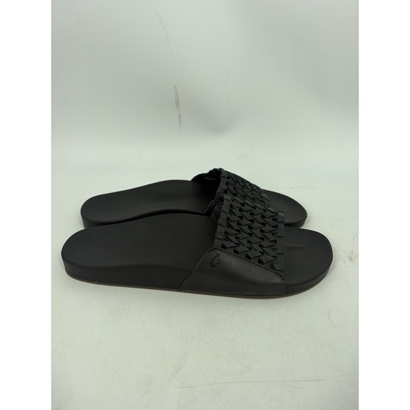 OluKai Shoes - Women's Olukai Kamola Black Leather Woven Slides Sandals Size 10